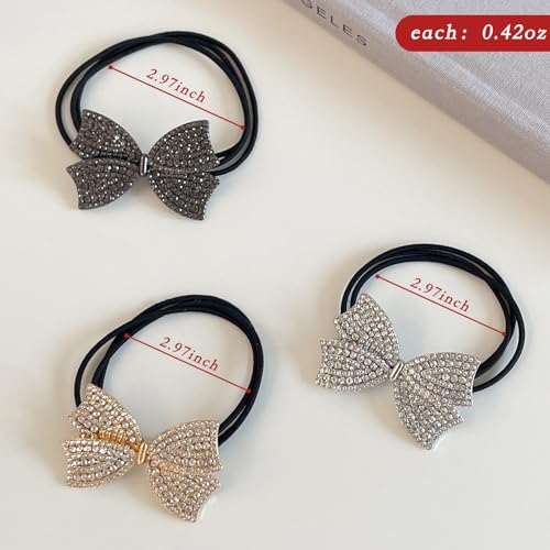 3PCS Metal Rhinestone Bow Hair Ties for Women,Sparkly Hair Scrunchies for Ponytail Holders,Cute French Elastic Rubber Band Accessories,Gold Silver Black Crystal Hair Cuffs for Thick Thin Hair