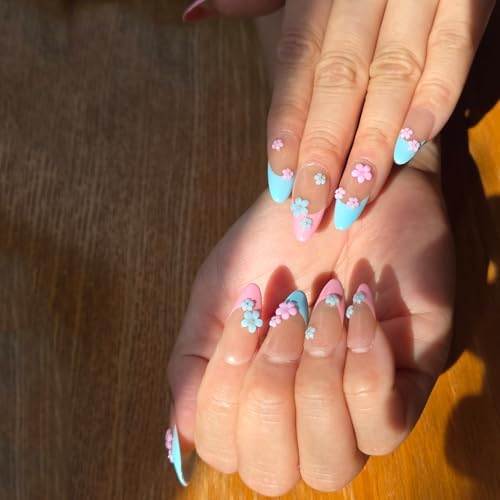 Pink Blue French Tip Press On Nails Flower Medium Almond-3D Floral Handmade Nude-Salon Gel Acrylic Full Set 10pcs Reusable(Floral Fantasy, Size S)