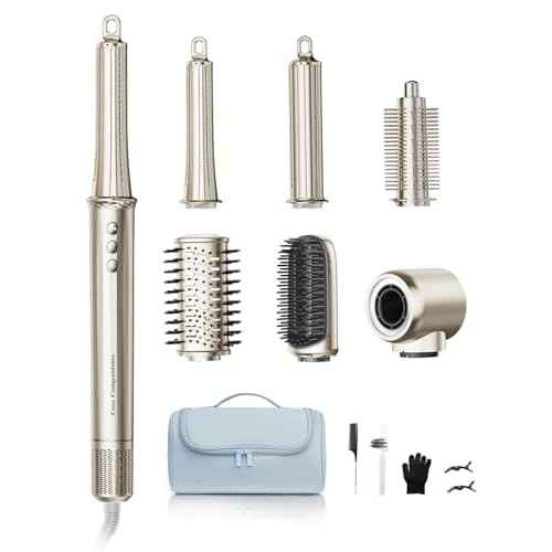 6-in-1 Hair Dryer Brush, Hair Styler with Automatic Curlers, 150,000 RPM High-Speed Negative Ionic Hair Dryer Fast Drying, Blow Dryer Brush for Curling/Volumizing/Straightening with Travel Bag, Gold