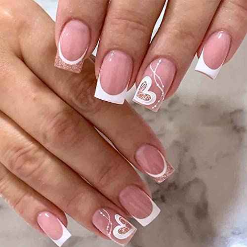 French Tip Press on Nails Medium LOVE Fake Nails Square Bling Glossy White False Nail Tips Artificial Finger Manicure for Women and Girls,24pcs