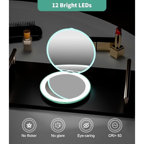 WOBSION LED Lighted Travel Makeup Mirror, 1x/10x Magnification, Compact, Portable for Handbag, Purse, Pocket, 3.5 inch Illuminated, Folding, Handheld, 2-Sided, Round, Cyan
