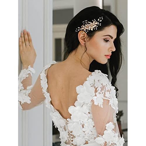 SWEETV Flower Bride Wedding Hair Comb Pearl Bridal Crystal Leaf Gold Headpiece Rhinestones Handmade Jewelry for Women and Girls