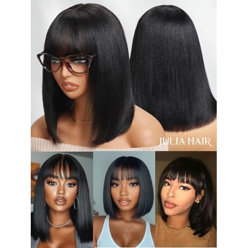 Julia Hair 10 Inch Light Yaki Straight Bob Wig with Bangs Human Hair Glueless 2x4 HD Lace Realistic Short Black Ready to Wear Blunt Cut Bob Wigs Natural for Black Women Beginner Friendly