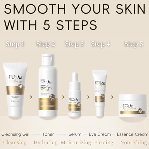 Korean Skin Care Set Snail Women Gifts - Skin Care Kit Moisturizing - 5PCS Skincare Set - Firming Skincare Gift Set - Travel Essentials - with Cleansing Gel, Toner, Serum, Eye Cream, Essence Cream