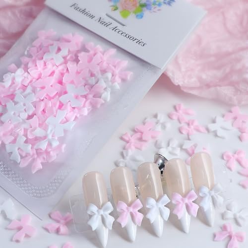 50Pcs 3D Nail Bows Nail Charms,Pink White Bow Nail Charms for Nails Design Cute Bowknots Nail Charm Resin Bowknot Ribbon Nail Design Nails Charms for Women Nail Supplies Nail Decorations Nail Art