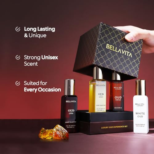 BellaVita Luxury OUD Experience Gift Set (4x20ml) ? Premium Arabic Unisex Perfumes | Includes Gold, Dark & White OUD | Notes of Caramel, Orris, Vetiver & Citrus