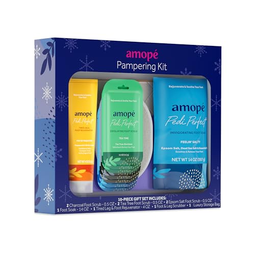 Amop? Pampering Kit - Contains Charcoal Foot Scrub, Tea Tree Foot Scrub, Epsom Salt Foot Scrub, Invigorating Foot Soak, Tired Leg & Foot Rejuvenator, Foot & Leg Scrubber and Luxury Storage Bag