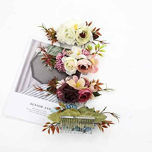 Cinaci 4 Pack Large Artificial Flower Metal Hair Side Combs Floral Slide Hair Clips Wedding Bridal Headpieces Hairpins Barrettes Decorative Hair Comb Bun Accessories for Women Girls Brides Bridesmaids