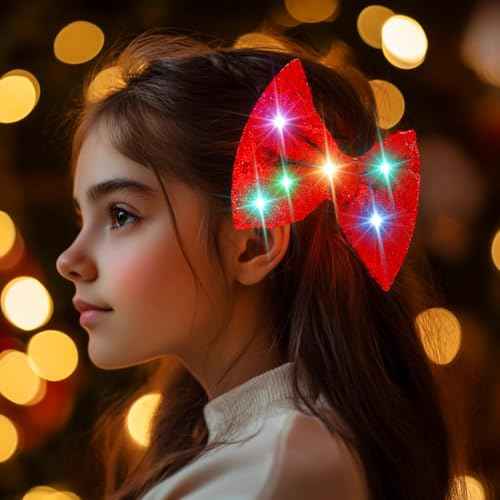 Campsis Light Up Hair Bow Clip, Red Sparkly Sequin Bowknot Hair Piece, Carnival Festival Costume Hair Accessories for Women(Red)