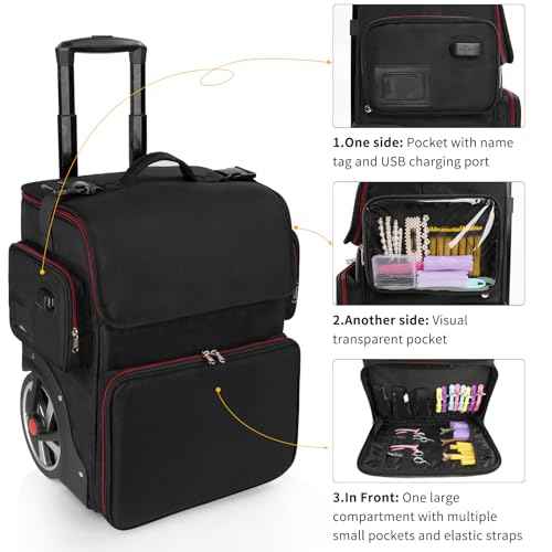OCHEAL Hairtylist Travel case,Large Makeup Train Cosmetic Makeup Case, Hairdresser Bag with Detachable Pouch,Heat Insulation Anti-scalding Full layer Hairdressing Tool Organizer Trolley with wheels