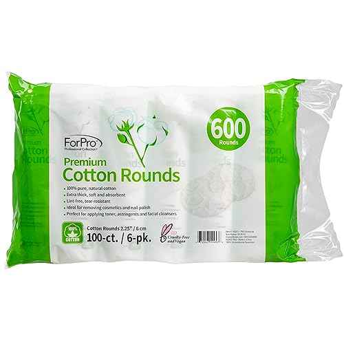ForPro Professional Collection Premium Cotton Rounds, 100% Cotton, Non-Tearing, Lint-Free, for Cosmetic, Nail, and Personal Use, 2.25", Pack of 6, Counts 600
