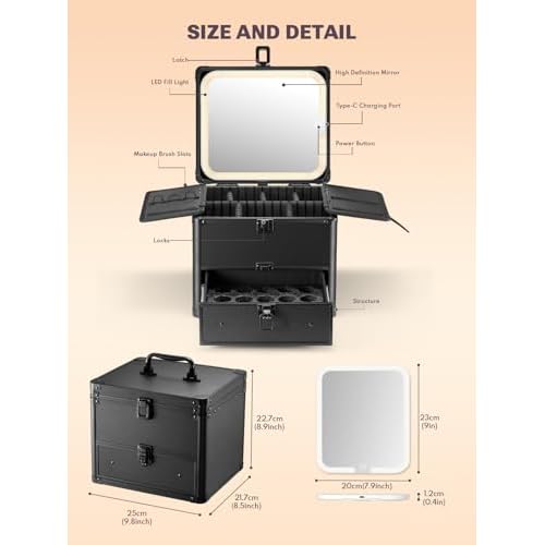 Qislee Makeup Box with Drawer and A Detachable Lighted Mirror, Waterproof Travel Train Case, Cosmetic Organizer and Makeup Suitcase with Adjustable Dividers, Magnetic LED Mirror (Black)