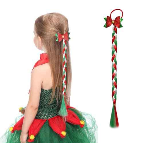 Christmas Long Braided Ponytail Extension with Hair Straight Wrap Around Red White Green Ponytail Hair Extensions Hair Tie Soft Healthy Synthetic Hair Piece for Women Girls Xmas Holiday (E)