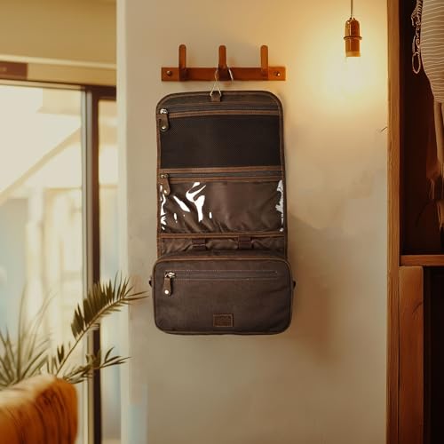 LEATHER VILLAGE Hanging Leather Toiletry Bag for Men & Women, Handcrafted Vintage Cosmetic & Shaving Organizer Travel Dopp Kit Shower Bag - Brown