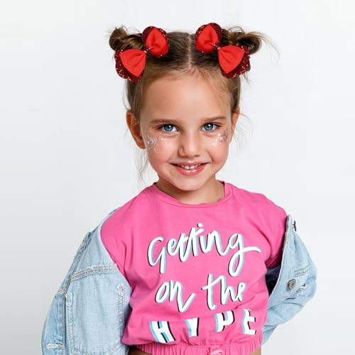 3.5" Glitter Red Ribbon Hair Bow Clips Sparkly Sequins Alligator Barrettes Hairpin Toddler Teen Girls Birthday Wedding Xmas july 4th Dress Outfit Decor Accessory Gift Set of 2