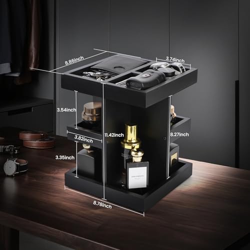 EXIN DECHEN Cologne Organizer for Men,Cologne Stand,3 Tier Large Capacity Wood Perfume Shelf with Rotate,Desk & Nightstand Organizer,Mens Husband Birthday Gifts Ideas,Christmas Gifts for Men(Black)