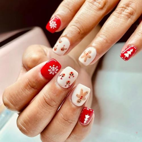 24Pcs Christmas Press on Nails Short Square Elk Fake Nails Full Cover Coffin Acrylic Nails Christmas Glue on nails with White Snowflakes Design Artificial False Nails for Women New Year Manicure Decor