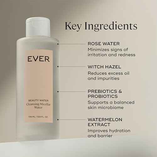 EVER Beauty Water Micellar Cleaning Water & Eye Makeup Remover ? Rose Water, Lactic Acid & Pro/Prebiotics Cleanser for Sensitive Skin, Removes Waterproof Makeup, Tones & Hydrates - 5.9 fl oz
