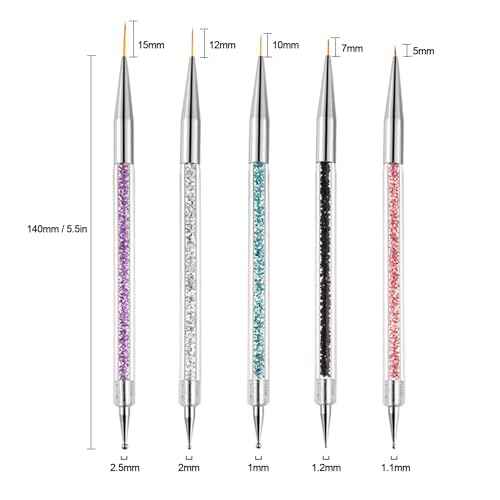 AIBEE Nail Art Brushes, 5pcs Double-Ended Acrylic Nail Brush Set with 5/7/10/12/15mm Nail Liner Brushes and Dotting Pens for French Nails