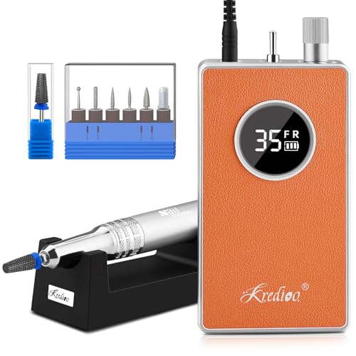 Kredioo Nail Drill Professional Super Quiet with Coreless Motor 35000RPM Electric File 6+1 Tungsten Bits Kit Portable Strong Drill para u?as Profesional Remove Acrylic Nails Dip Powder-Orange