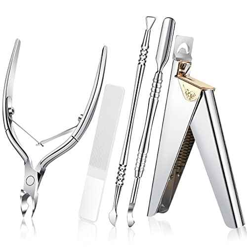 Acrylic Nail Clippers 5 in 1 Kit with Glass Nail File, Cuticle Trimmer Nipper and Cuticle Pusher Nail Gel Polish Remover, Professional Manicure Pedicure Tools for Finger Toe Nails, Silver