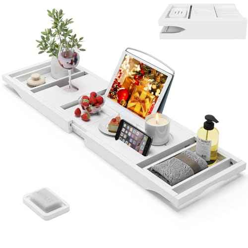 Foldable Bamboo Bathtub Caddy Tray Expandable for Luxury Bath, Bath Accessories & Table with Wine Glass Holder, Book Stand Bathroom Organizer with Extending Sides for Men/Women,White