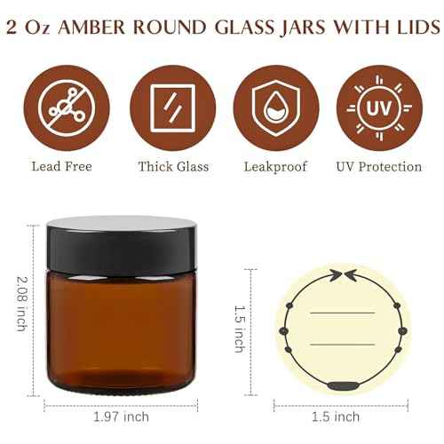 TUZAZO 2 Oz Thick Amber Round Glass Jars with Inner Lids and Black Lids, 12 Pack Small Empty Candle Making Jars/Cosmetic Containers for Lotions, Creams, Body Butters, Essential oil Beauty Products