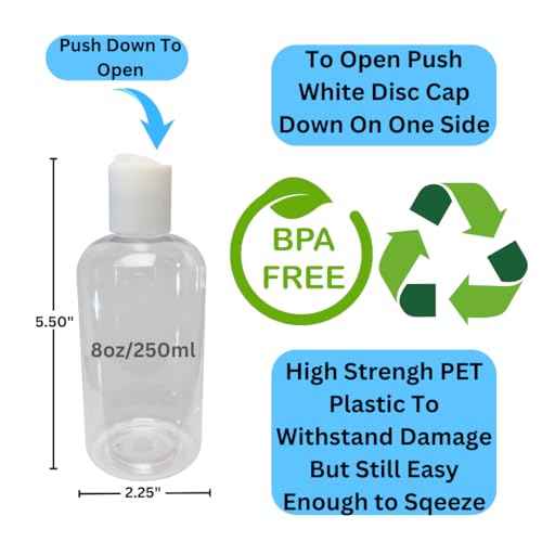 Plastic Squeeze Bottles with Disc Cap, 8 oz/2-Pack, Travel Size, Refillable, BPA-Free, Leak Proof, for Cosmetics, Shampoo, Lotion, Body Soap, Essential Oils, Household Use, and Personal Care