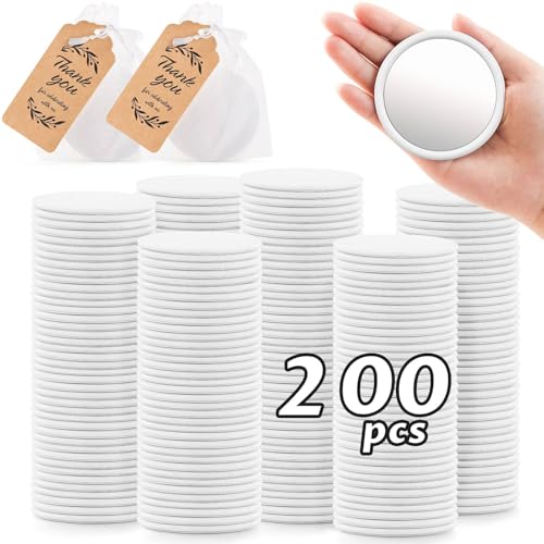 200 Pcs White Compact Mirror Bulk Portable Makeup Travel Mirror Round Makeup Mirror for Purse Great Gift Small Purse Mirror Vintage Pocket Mirror with Tag and Organza Bag for Women Travel Daily Use
