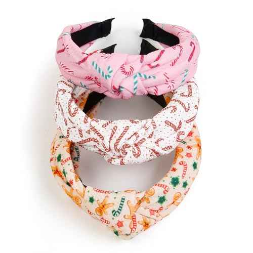 Huachi Knotted Headbands for Women Cute Top Knot Headbands Fashion Pink Snowflake Candy Cane Xmas Tree Girls Christmas Womens Head Band Knotted Hair Accessories, 3 Packs