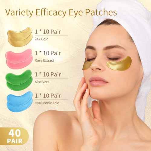 Under Eye Patches, 40 Pairs Eye Mask for Dark Circles, Puffy Eyes, Undereye Bags,Wrinkles,Eye Mask Patches with 24K Gold, Hyaluronic Acid,Rose & Aloe Vera, Eye Treatment Skin Care for Men & Women Gift