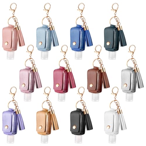 12Pcs Hand Sanitizer Keychain, 30ml Portable Leather Hand Sanitizer Holder Travel Size Keychain Refillable Bottle for Toiletry Lotion Liquid Soap Shampoo (12 Colors)