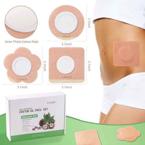 30Pcs Castor Oil Pack Wrap for Belly Button with 4oz Organic Castor Oil in Glass Bottle, Highly Absorbent Cotton Belly Button Patches Self Adhesive