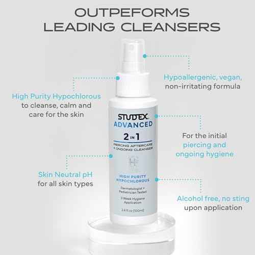 Studex Advanced 2-in-1 Piercing Aftercare & Cleanser ? Hypochlorous Spray for Body and Ear Piercing, Hypoallergenic Formula for Sensitive Skin (3.4oz)