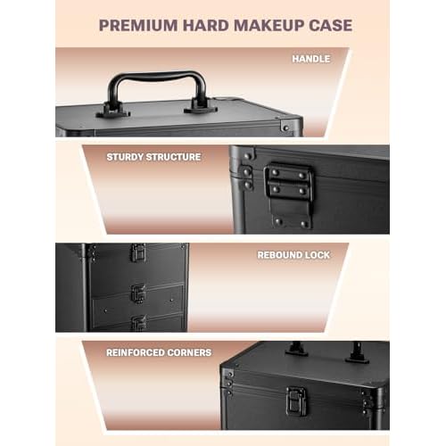 Qislee Makeup Box with Double Drawers and A Detachable Lighted Mirror, Waterproof Travel Train Case, Cosmetic Organizer and Makeup Suitcase with Adjustable Dividers, Magnetic LED Mirror (Black)