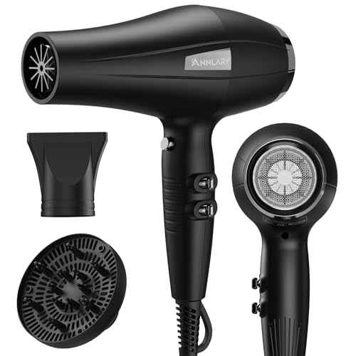 Ionic Hair Dryer with Diffuser, Blow Dryer, Professional 1875W Powerful AC Motor Hairdryer with 8.2Ft Cord for Women & Men, Fast-Drying Blow Dryer with Nozzle for Home, Salon