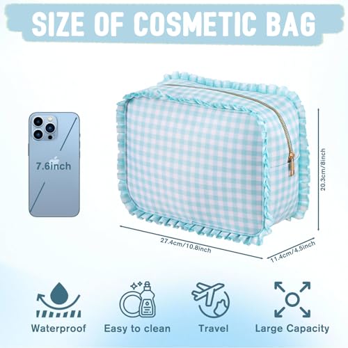 Gingham Ruffle Makeup Bag,Large Travel Cute Cosmetic Bag for Women Girls,Toiletry Bag Make up Organizer 10.8 x 4.5 x 8 inch (Mint Gingham)
