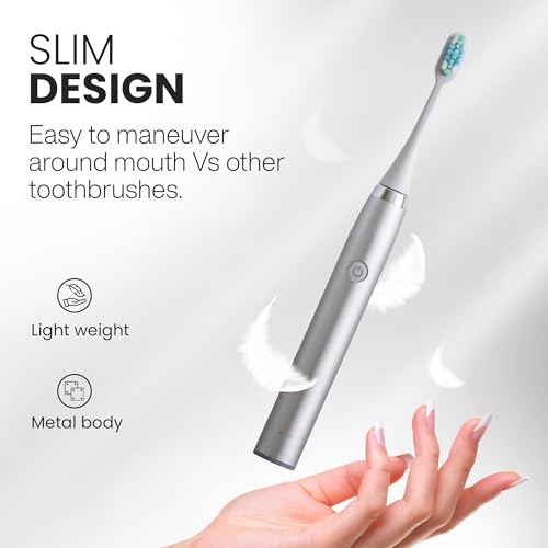 Tranqwil Slimsonic Electric Toothbrush - Vibration Plate Brushhead, 42,000 VPM Motor, 60 Day Charge, 5 Modes, 2 Min Built-in Smart Timer (Silver Metal)