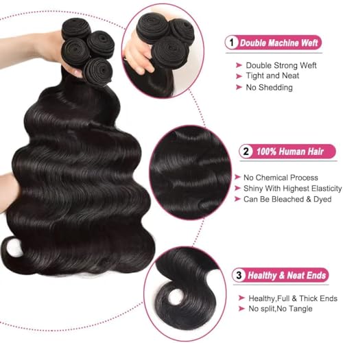 Bundles with Closure Human Hair 16 18 20+14 Inch 100% Unprocessed Brazilian Virgin Hair Extensions 3 Bundles with 4x4 HD Lace Closure Natural Black