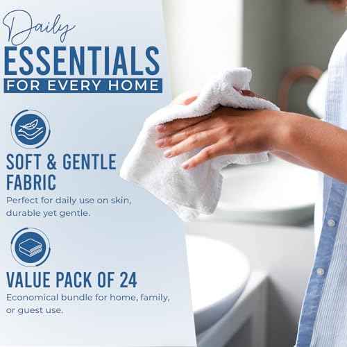DAN RIVER 100% Cotton Wash Cloths 24 Pack [12x12] Soft & Absorbent wash Clothes, Gym, Hotels & Spa Perfect for Everyday Use Fingertip Towels, White