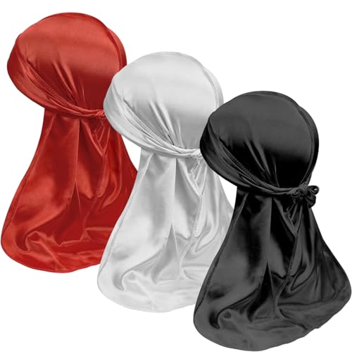 3PCS Silky Durags for Men Waves, Doo Rags Compression Caps for 360 540 720 Wavers, Ideal Gifts for Father's Day (Red, White, Black)