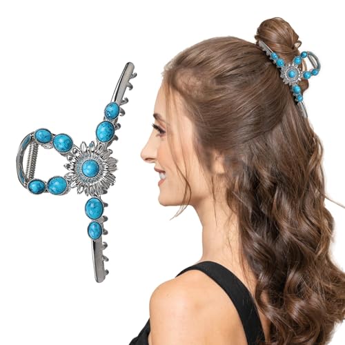 Turquoise Hair Clip, Western Claw Clips, Turquoise Claw Clip, Gems Hair Accessories, Western Hairs Accessories, Blue Metal Claws Clips for Thick Hairs Large (Sun Flower)