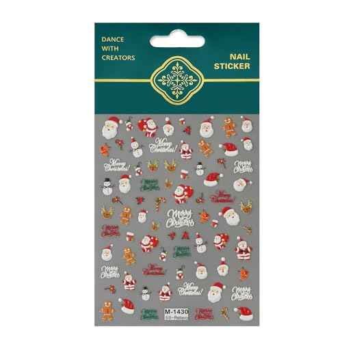 1 Sheets Christmas Nail Art Stickers Decals 5D Self-Adhesive Pegatinas U?as Santa Claus Snowman Gingerbread Man Xmas Winter Holiday Cute Elk Nail Supplies Nail Art Design Decoration Accessories