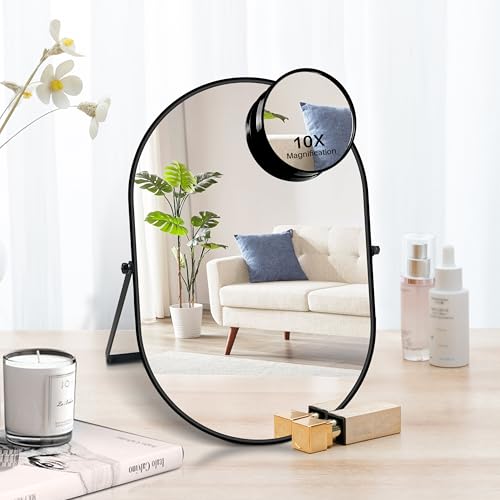 Desk Mirror, Tabletop Vanity Mirror, 360¡ÆAdjustable Rotation Vintage Metal Framed Table Mirror with Stand and 10X Magnifying Room for Living Room, Bedroom, Tabletop, Bathroom (Black Oval)