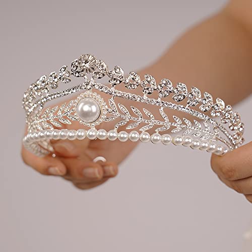 JWICOS Tiaras and Crowns for Women Pearl Wedding Tiara for Bride Baroque Queen Crown Rhinestone Hair Accessories for Birthday Pageant Prom