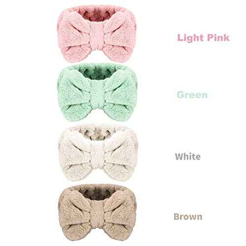 4 Pack Makeup Spa Headband Microfiber Bow Towel Soft Fluffy Washing Face Headband for Women Girls Shower Bath Skincare (Light Pink, White, Green, Brown)
