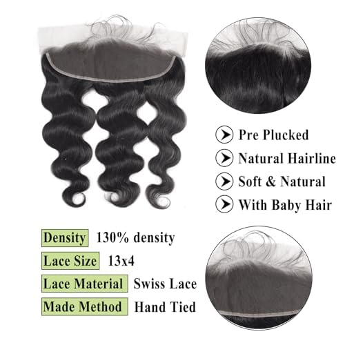 22 Inch HD Lace Frontal Closure Body Wave 13x4 Frontal Human Hair 12A Unprocessed Brazilian Virgin hair Ear to Ear lace Frontal Human Hair Transparent Lace Front Pre-Plucked with Baby Hair