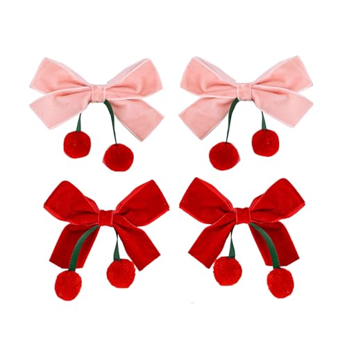 Velvet Ribbon Hair Bow Clips - 2 Pairs Cute Hair Bow Clips with Red Cherry Ball Handmade Alligator Barrettes Pins Bowknot Party Dress Decor Accessories for Girls (Pink/Red)