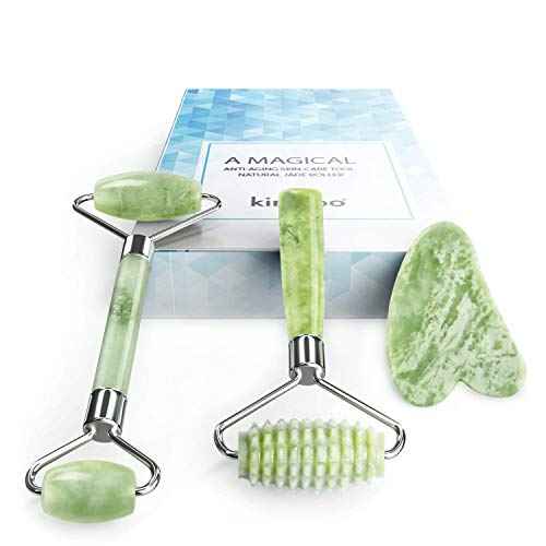 kimkoo Jade Roller and Gua Sha for Face-3 in 1 Kit with Facial Massager Tool,100% Real Natural Jade Stone Anti Aging,Face Beauty Set for Eye Anti-Wrinkle