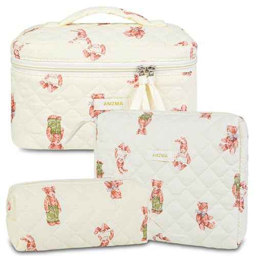Makeup Bag Travel Cosmetic Bag, 3 PCS Quilted Make Up Bags for Women Makeup Organizer Case, Coquette Makeup Pouch Travel Essentials Toiletries Accessories